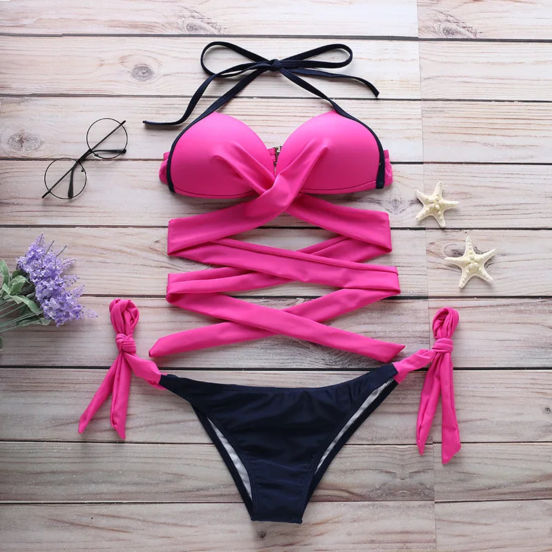Women's Push-up Halter Bandage Ruched Sexy Low Waisted Tie Side Bottoms Bikini Swimsuits