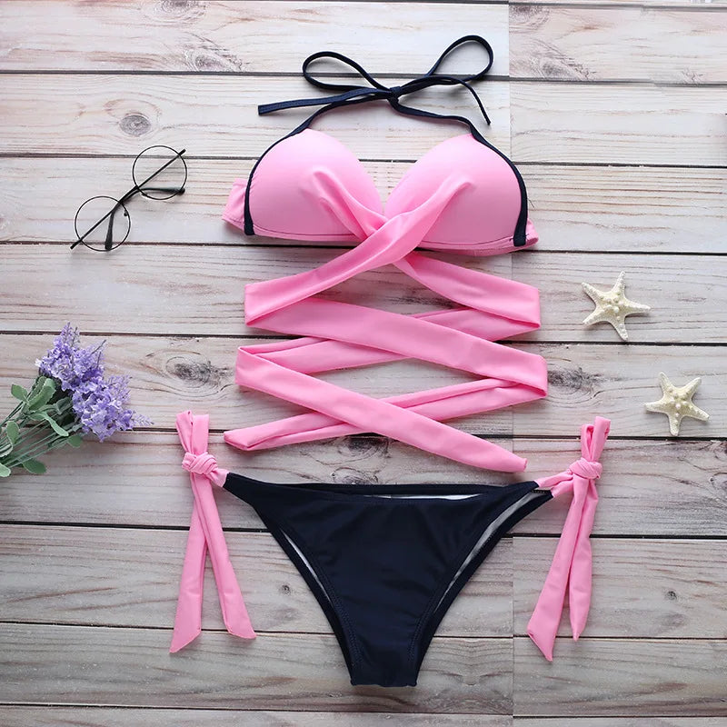 Women's Push-up Halter Bandage Ruched Sexy Low Waisted Tie Side Bottoms Bikini Swimsuits