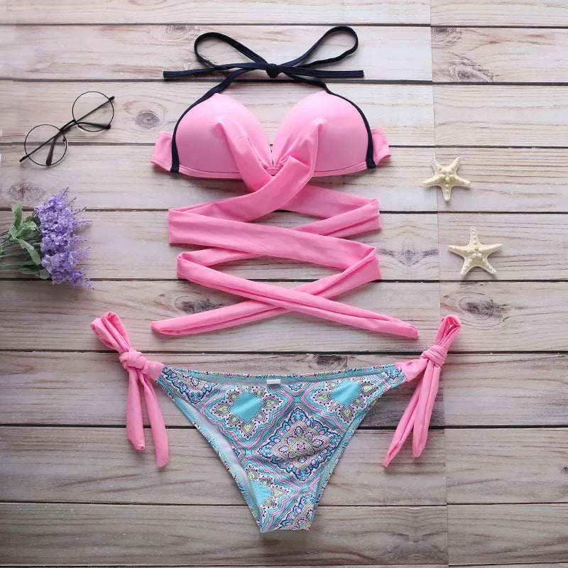 Women's Push-up Halter Bandage Ruched Sexy Low Waisted Tie Side Bottoms Bikini Swimsuits