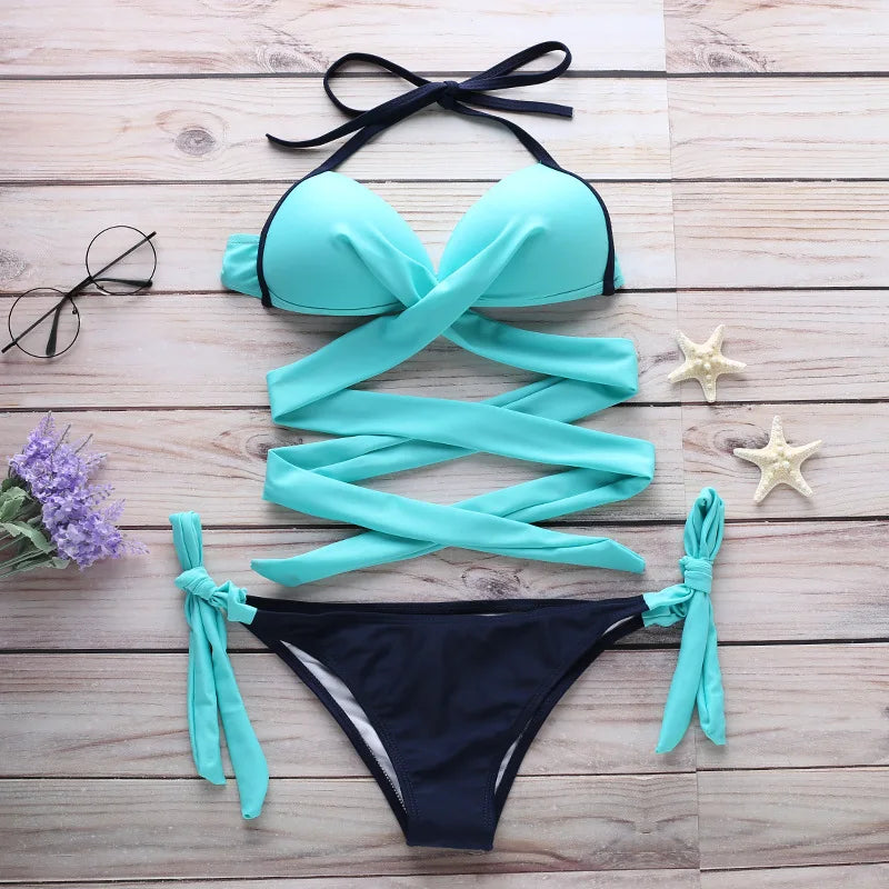 Women's Push-up Halter Bandage Ruched Sexy Low Waisted Tie Side Bottoms Bikini Swimsuits