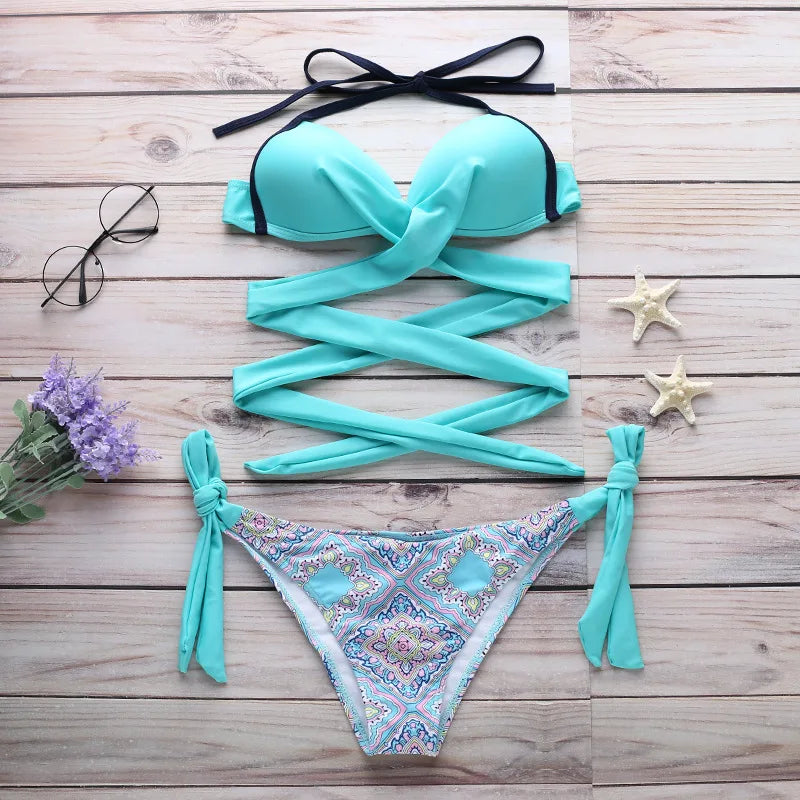Women's Push-up Halter Bandage Ruched Sexy Low Waisted Tie Side Bottoms Bikini Swimsuits