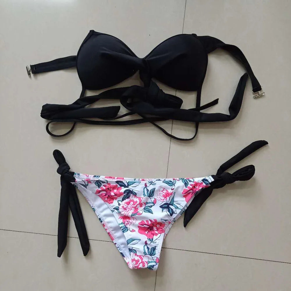 Women's Push-up Halter Bandage Ruched Sexy Low Waisted Tie Side Bottoms Bikini Swimsuits