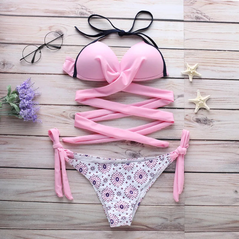 Women's Push-up Halter Bandage Ruched Sexy Low Waisted Tie Side Bottoms Bikini Swimsuits