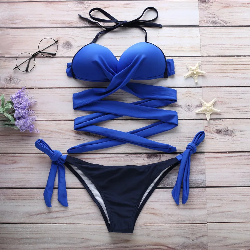 Women's Push-up Halter Bandage Ruched Sexy Low Waisted Tie Side Bottoms Bikini Swimsuits