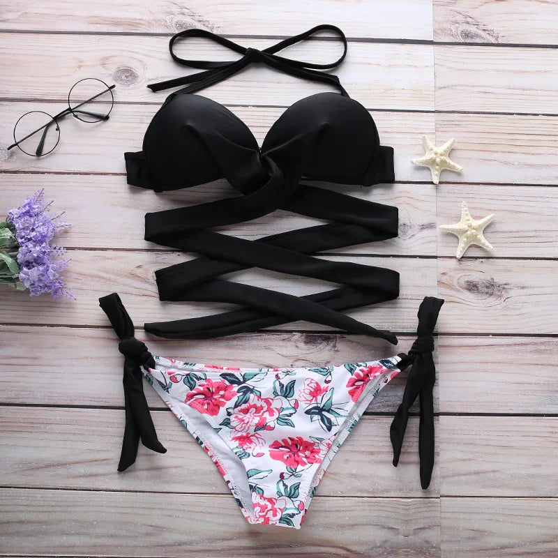 Women's Push-up Halter Bandage Ruched Sexy Low Waisted Tie Side Bottoms Bikini Swimsuits