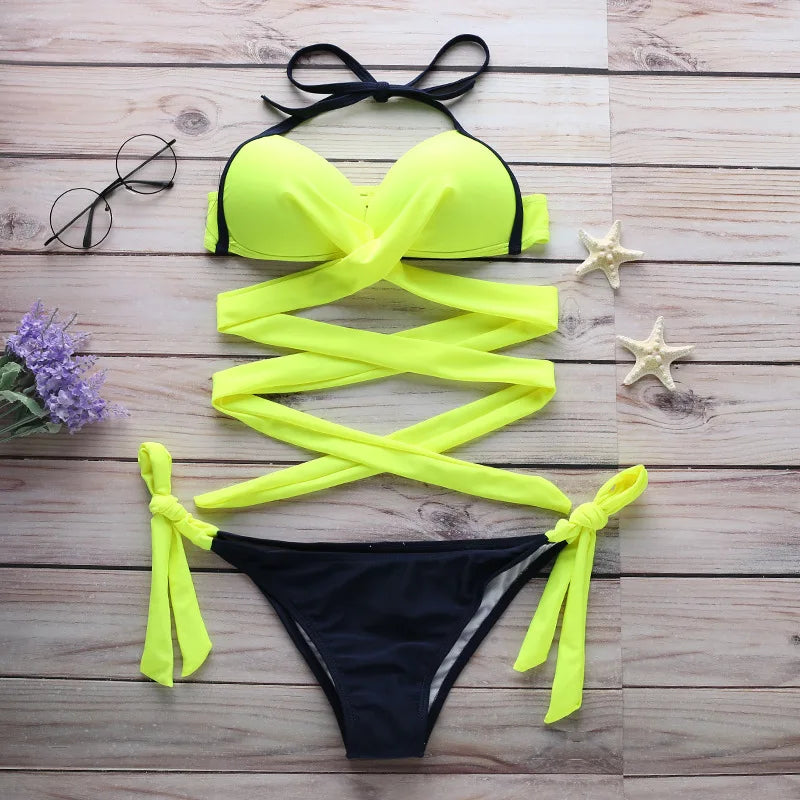 Women's Push-up Halter Bandage Ruched Sexy Low Waisted Tie Side Bottoms Bikini Swimsuits