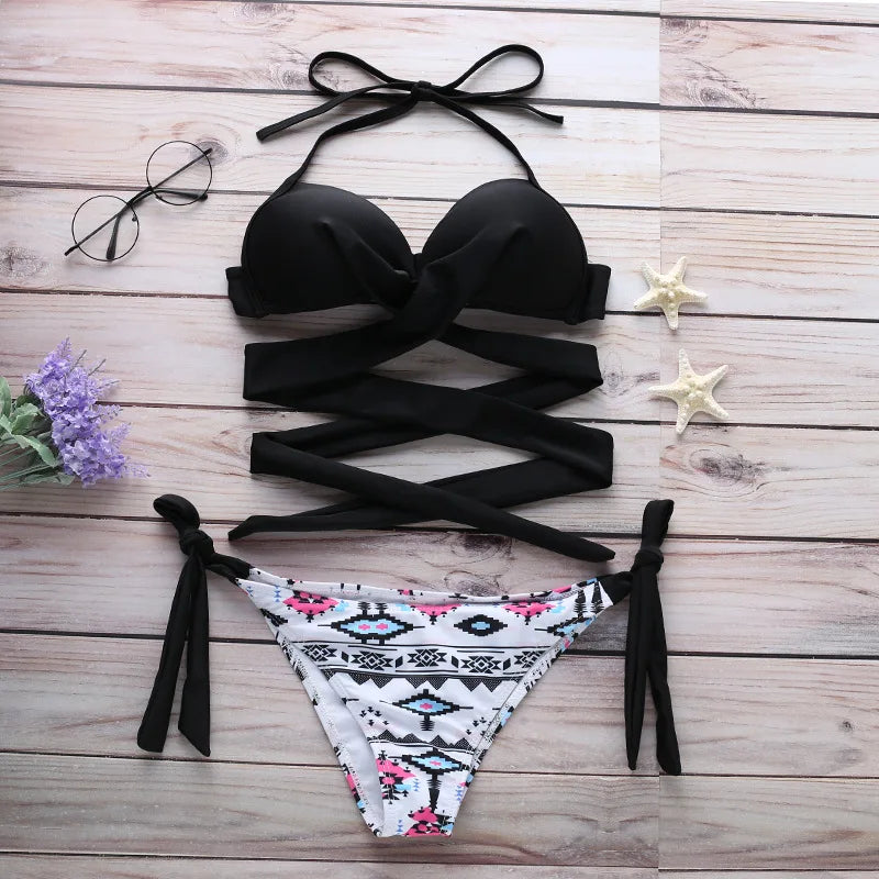 Women's Push-up Halter Bandage Ruched Sexy Low Waisted Tie Side Bottoms Bikini Swimsuits