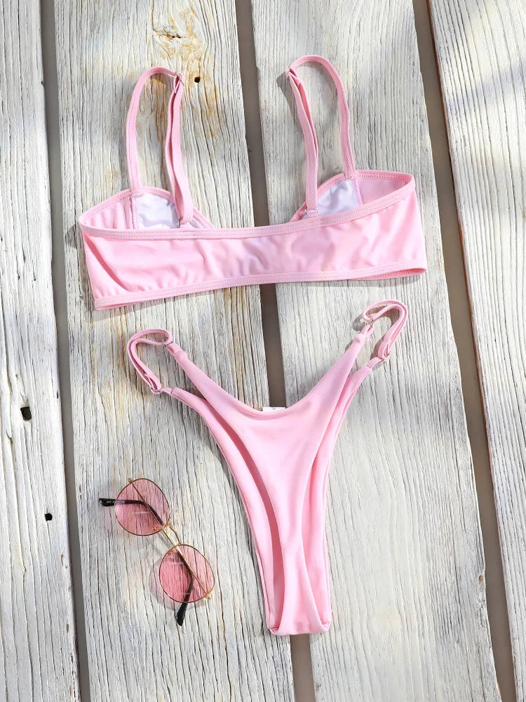 Miyouj Bandage Swimwear Summer Swimsuit High Cut Bikini Set Solid Sexy 2-Piece Suit New Bathsuit Hollow Out Thongs Beachwear
