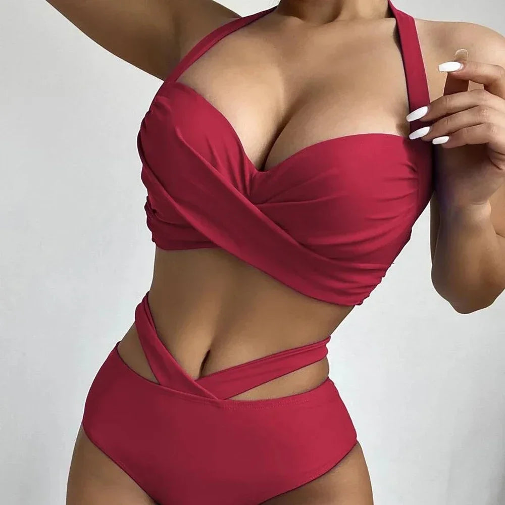 2024 2-piece High Waist Swimsuit Women Solid Color Bikini Set V-neck Push Up Padded Bathing Suit Suspender Backless Swimwear