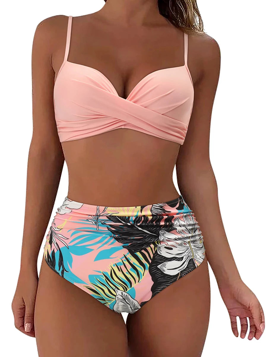 2026 Cross Frill Bikinis Women Swimwear Print Sexy High Waist Swimsuit Female Beachwear Bathers Bathing Swimming Swim Suit