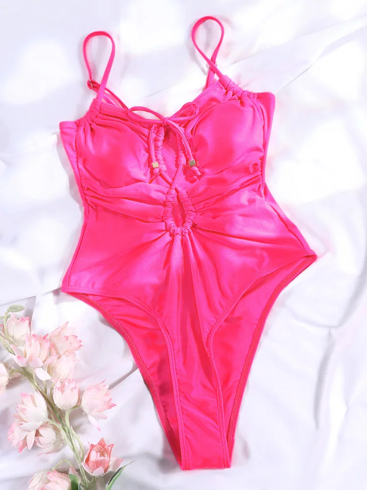 Rinabe String One Piece Suit Whole Swimsuit Hollow Out Women's High-Waisted Swimwear Bathing Suit Solid 2024 Beach Clothes
