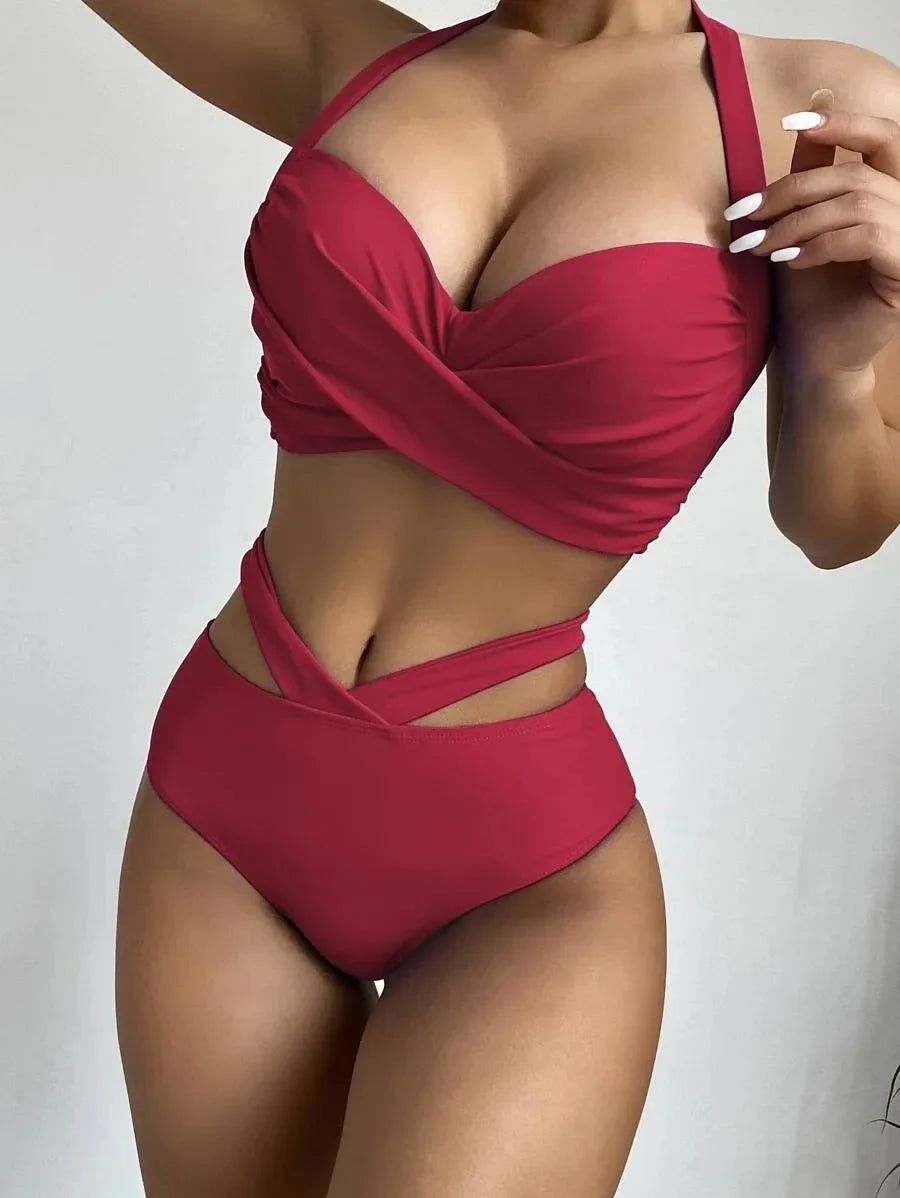 2024 2-piece High Waist Swimsuit Women Solid Color Bikini Set V-neck Push Up Padded Bathing Suit Suspender Backless Swimwear