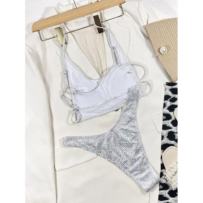 Solid Bikini Sexy Swimsuit Halter Swimwear Bathing Suit Women Bling Sequin Bikini Set Beach Wear Dropshipping Monokini Glitter