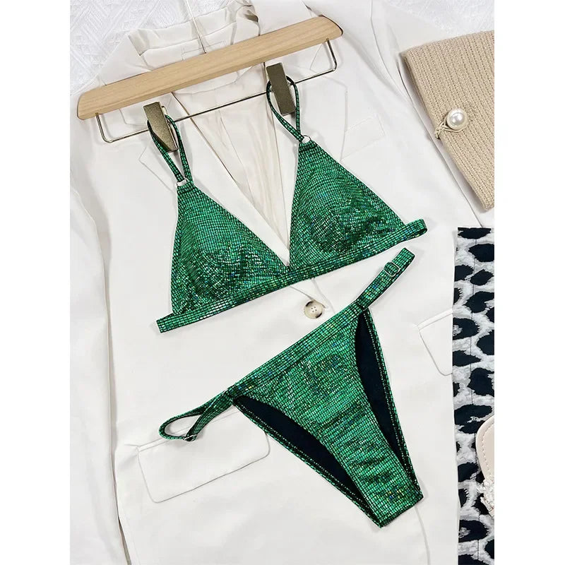 Solid Bikini Sexy Swimsuit Halter Swimwear Bathing Suit Women Bling Sequin Bikini Set Beach Wear Dropshipping Monokini Glitter