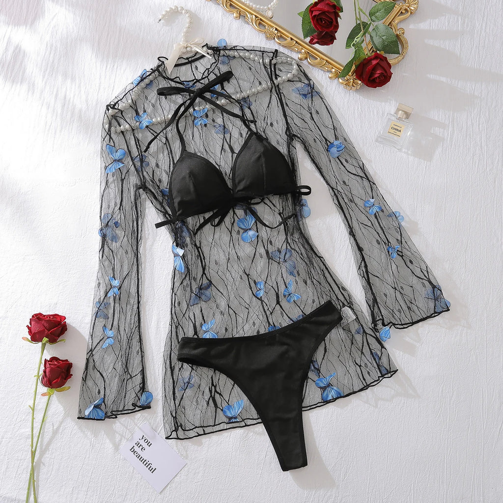 AVELINE Women's Swimsuit Cover Beach Swimsuit Bikini Set Transparent Bikini Push Up Top Underwear 3-piece Set Girls' Bikini