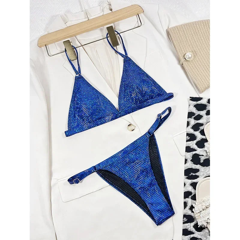 Solid Bikini Sexy Swimsuit Halter Swimwear Bathing Suit Women Bling Sequin Bikini Set Beach Wear Dropshipping Monokini Glitter