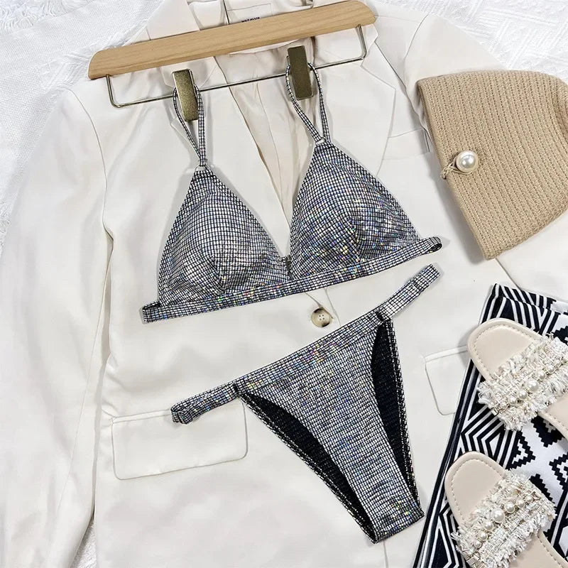 Solid Bikini Sexy Swimsuit Halter Swimwear Bathing Suit Women Bling Sequin Bikini Set Beach Wear Dropshipping Monokini Glitter