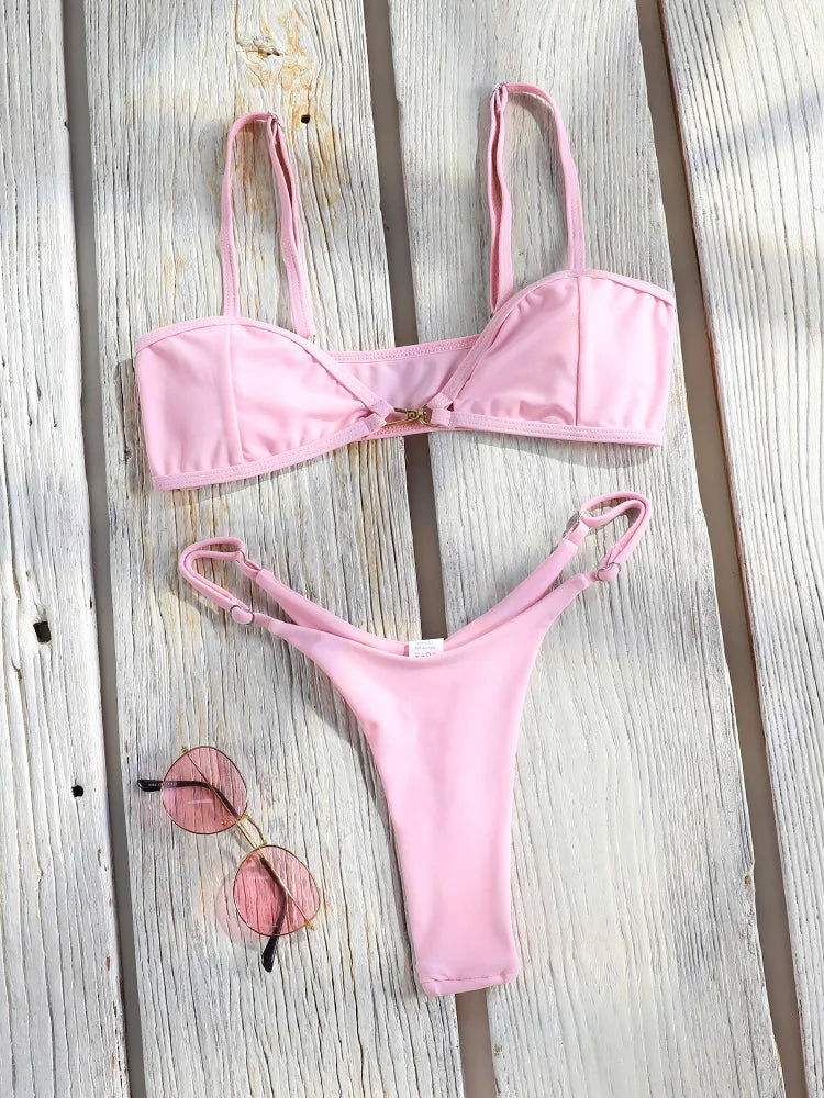 Miyouj Bandage Swimwear Summer Swimsuit High Cut Bikini Set Solid Sexy 2-Piece Suit New Bathsuit Hollow Out Thongs Beachwear