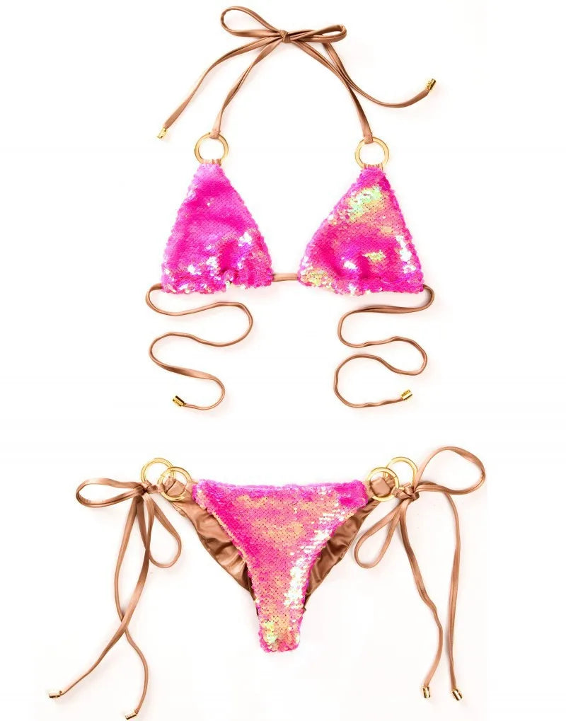 Solid Bikini Sexy Swimsuit Halter Swimwear Bathing Suit Women Bling Sequin Bikini Set Beach Wear Dropshipping Monokini Glitter