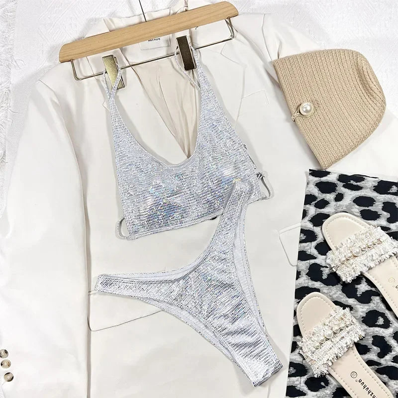 Solid Bikini Sexy Swimsuit Halter Swimwear Bathing Suit Women Bling Sequin Bikini Set Beach Wear Dropshipping Monokini Glitter