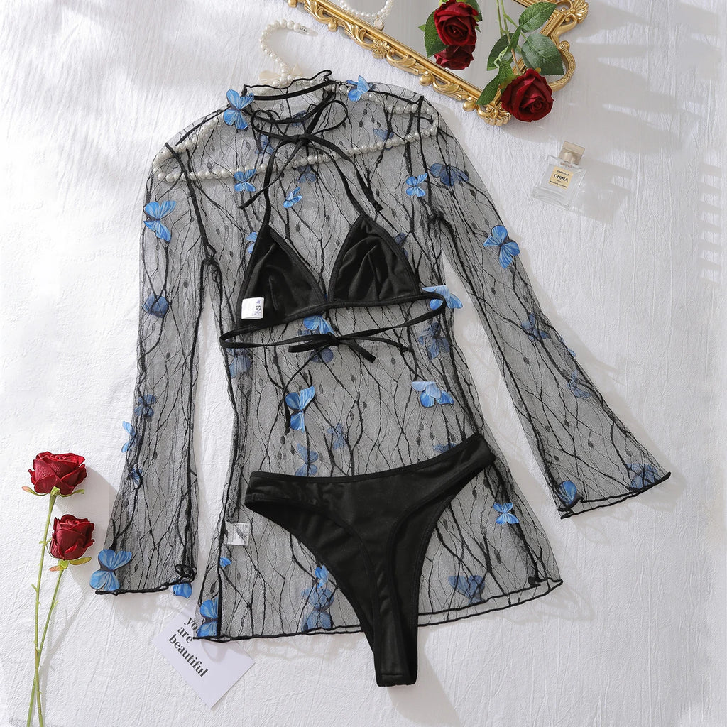 AVELINE Women's Swimsuit Cover Beach Swimsuit Bikini Set Transparent Bikini Push Up Top Underwear 3-piece Set Girls' Bikini