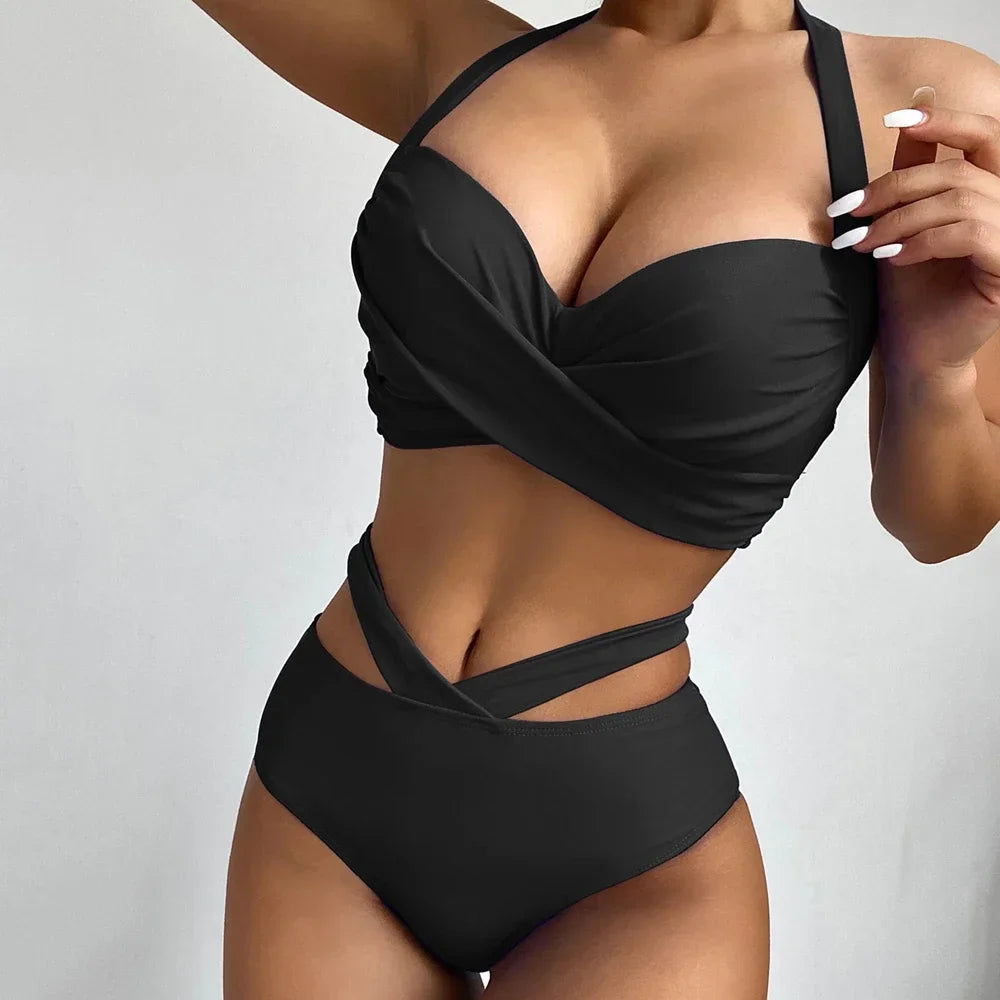 2024 2-piece High Waist Swimsuit Women Solid Color Bikini Set V-neck Push Up Padded Bathing Suit Suspender Backless Swimwear