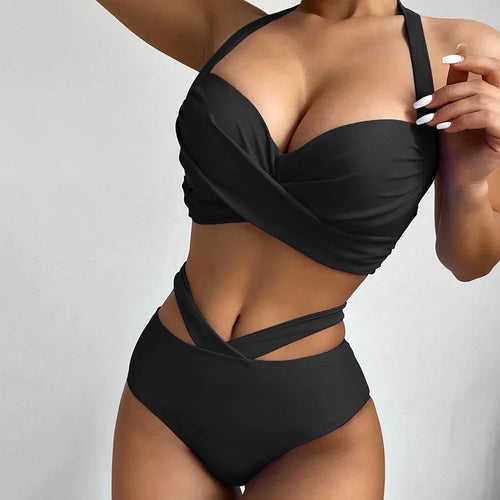 2024 2-piece High Waist Swimsuit Women Solid Color Bikini Set V-neck Push Up Padded Bathing Suit Suspender Backless Swimwear