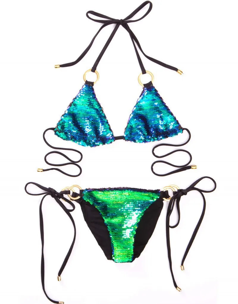 Solid Bikini Sexy Swimsuit Halter Swimwear Bathing Suit Women Bling Sequin Bikini Set Beach Wear Dropshipping Monokini Glitter