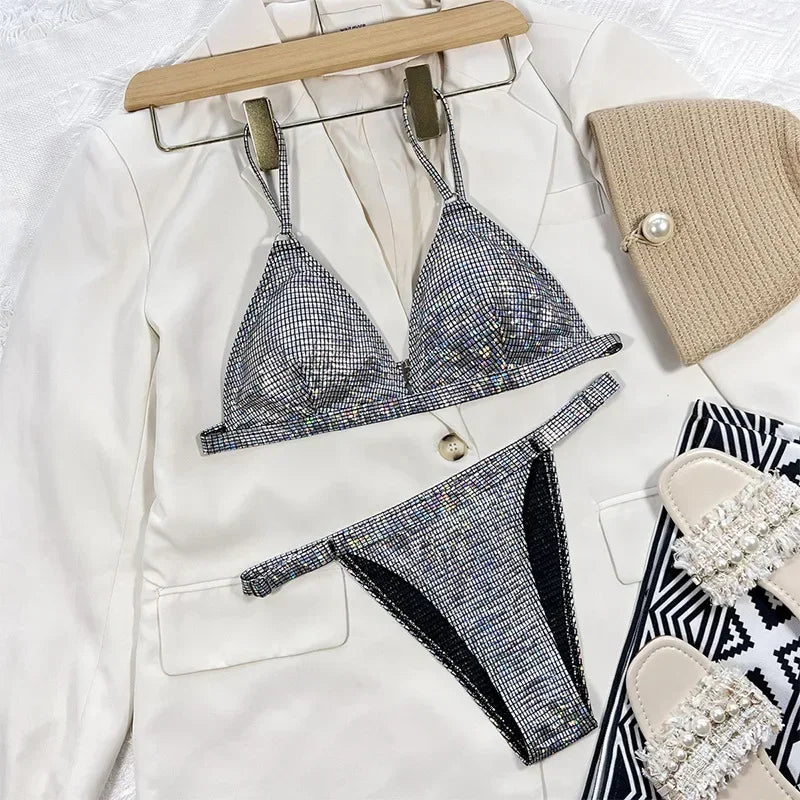 Solid Bikini Sexy Swimsuit Halter Swimwear Bathing Suit Women Bling Sequin Bikini Set Beach Wear Dropshipping Monokini Glitter