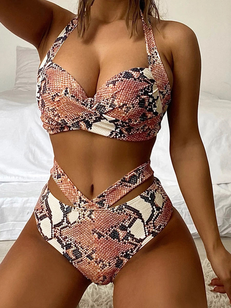 Sexy Halter High Waist Bikini 2026 Women Tie Dye Swimsuit Push Up Swimwear Female Printed Bathing Suit Lace Up Back Beachwear